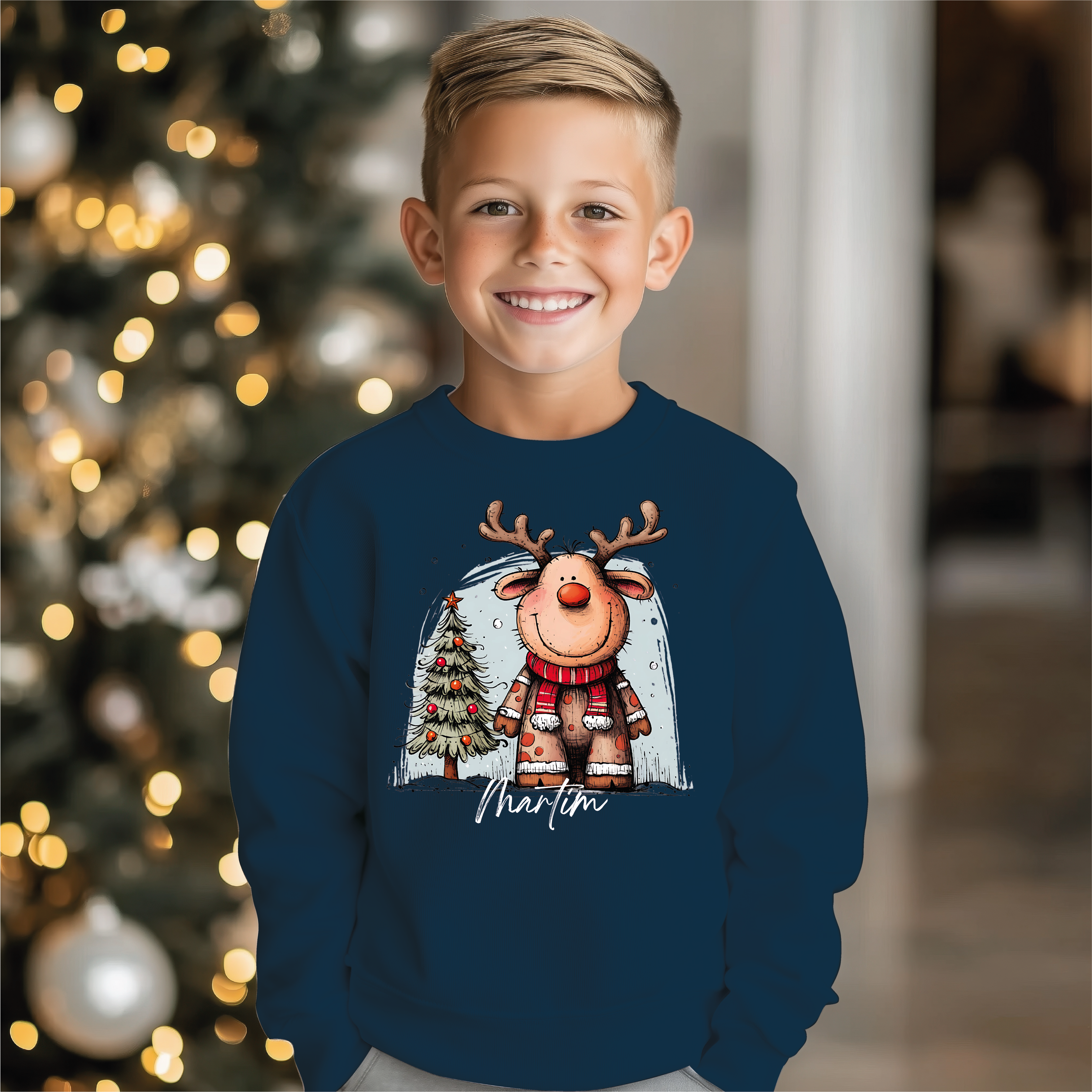 Camisola Natal Rena Inverno azul personalizada - Design festivo invernal
