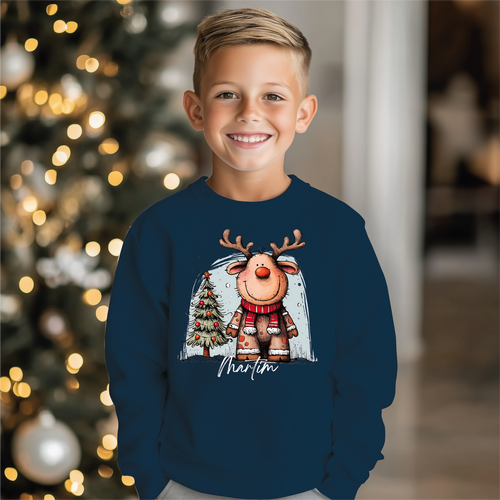 Camisola Natal Rena Inverno azul personalizada - Design festivo invernal
