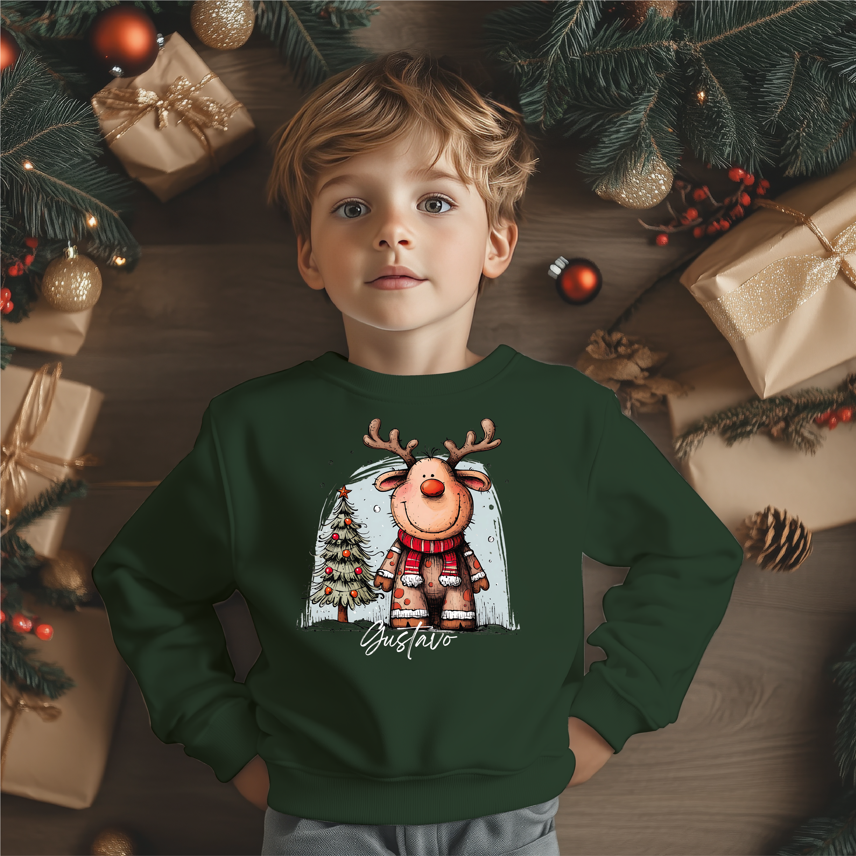 Camisola Natal Rena Inverno verde personalizada - Design festivo invernal