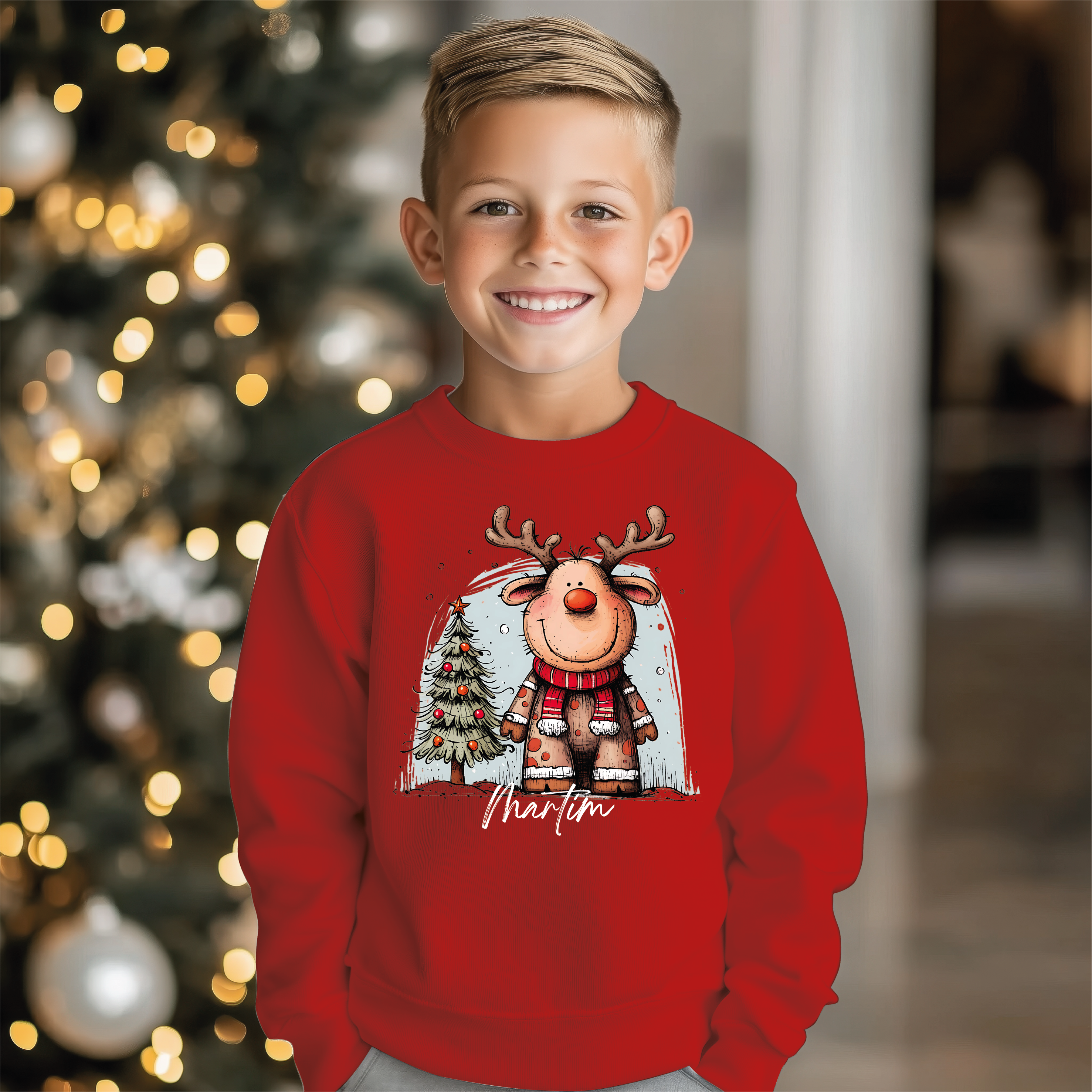 Camisola Natal Rena Inverno vermelho personalizada - Design festivo invernal
