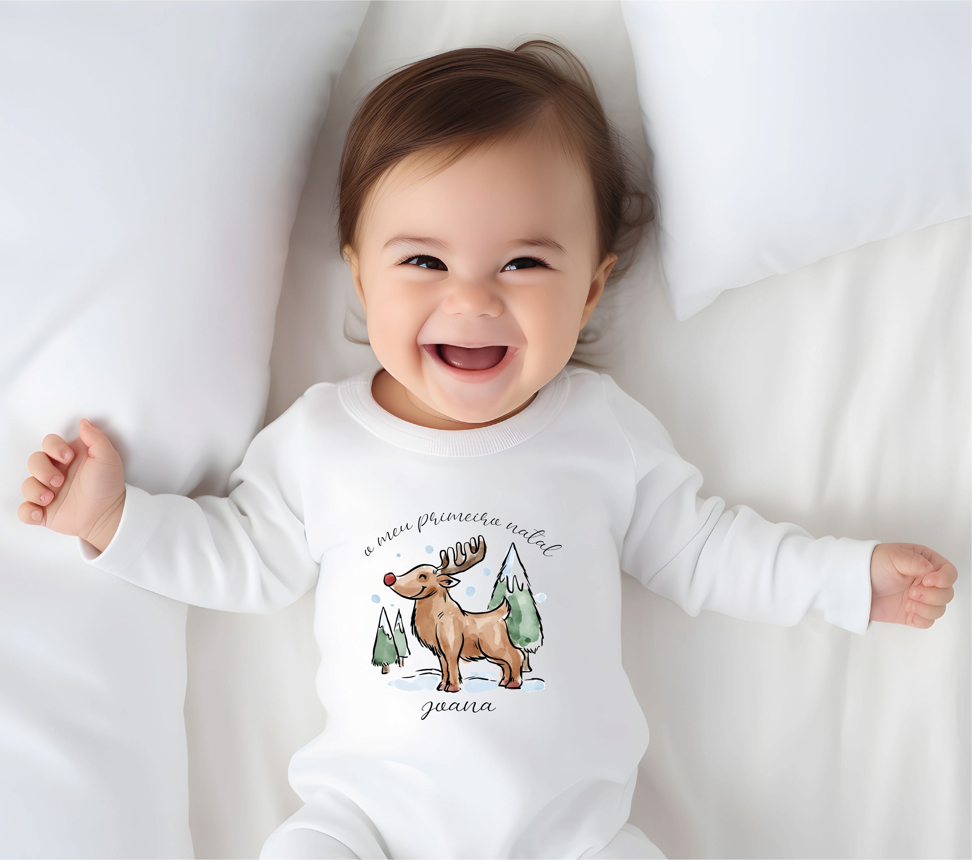 Babygrow primeiro Natal bebé Rena personalizado - Algodão macio - D-Arte