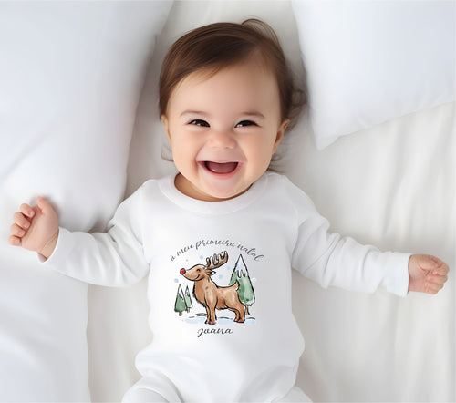 Babygrow primeiro Natal bebé Rena personalizado - Algodão macio - D-Arte