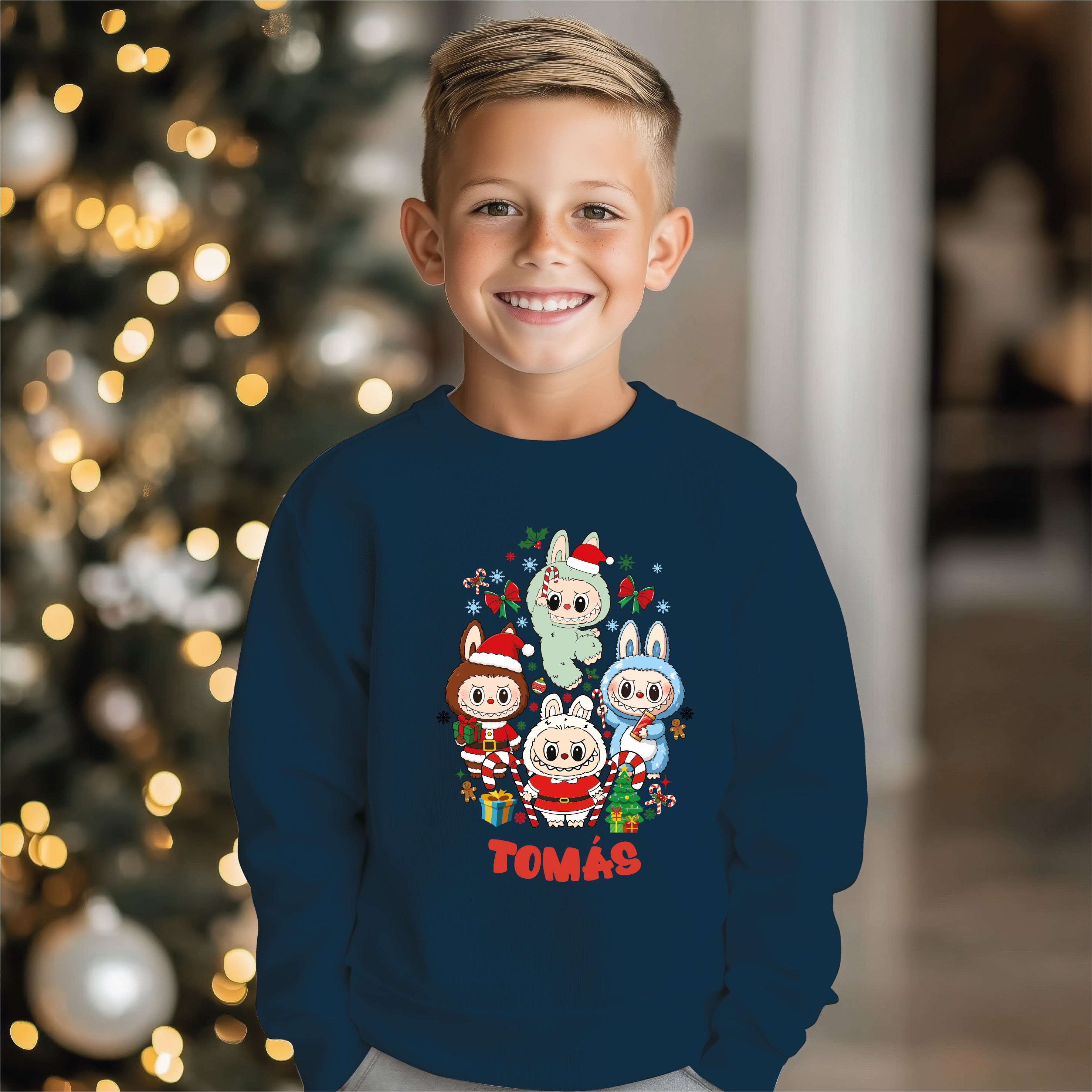 Camisola Natal Labubu azul personalizada - Tamanhos adulto criança disponíveis