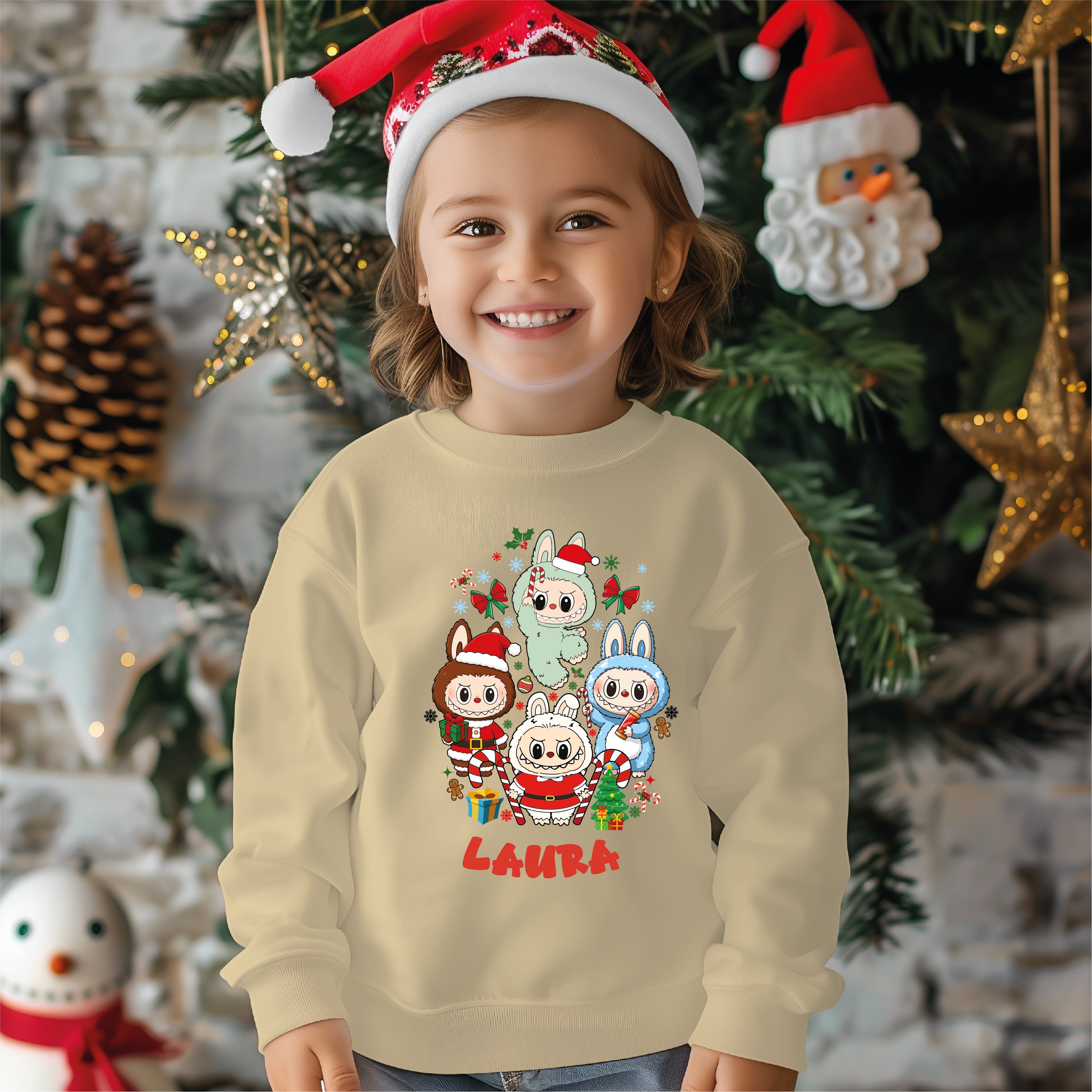 Camisola Natal Labubu bege personalizada - Gola redonda unissexo