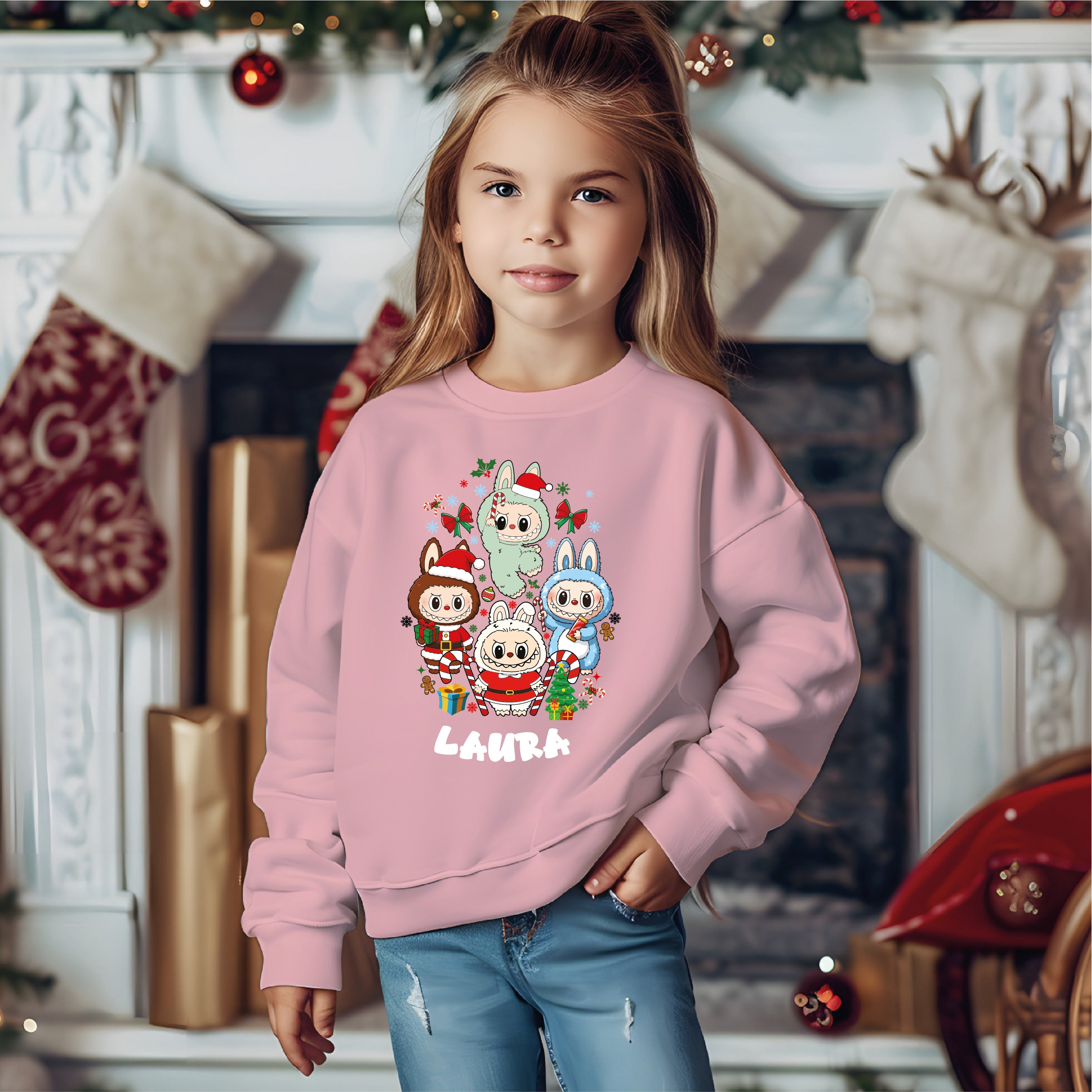 Camisola Natal Labubu rosa personalizada - Sweatshirt festiva família