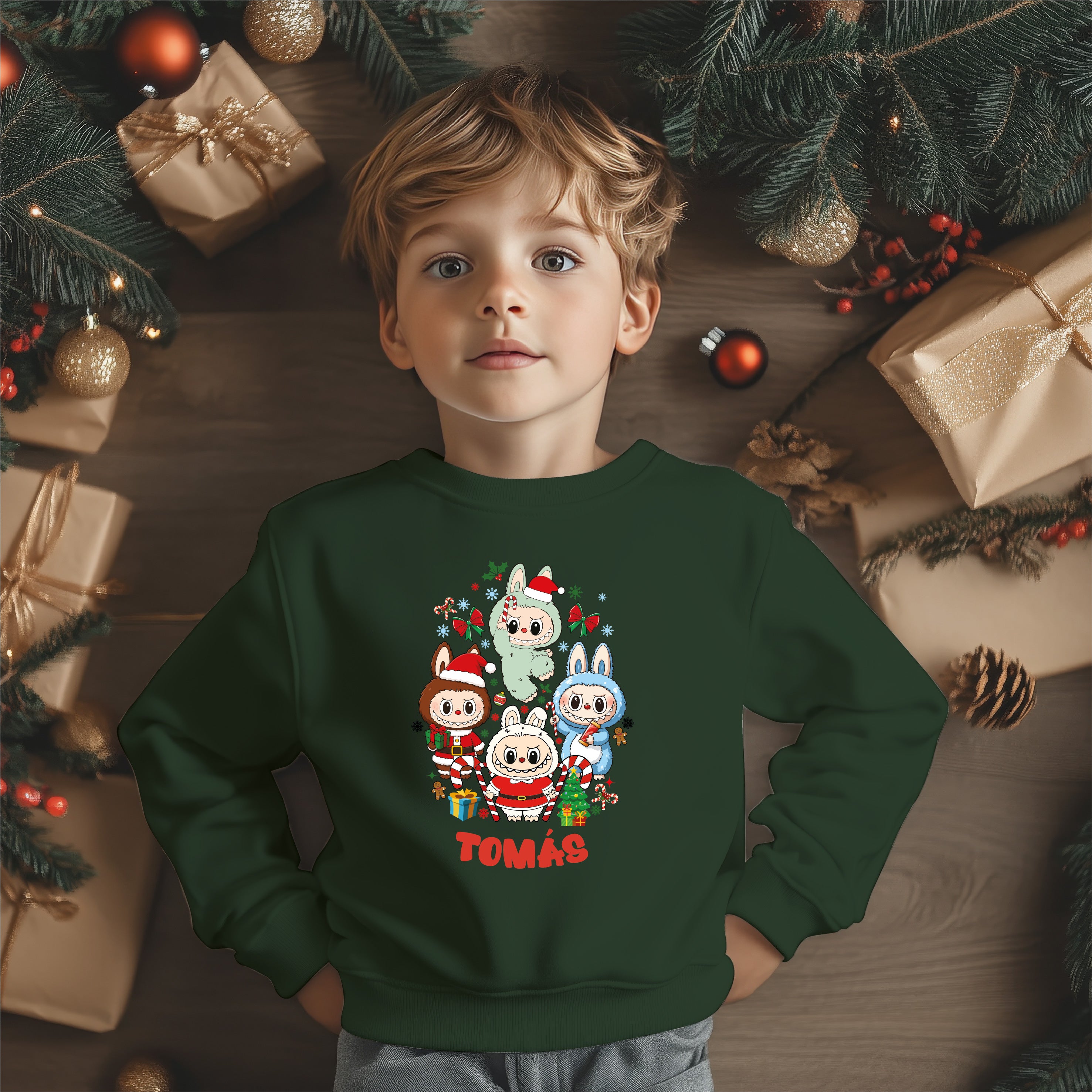 Camisola Natal Labubu verde personalizada - Design único divertido - Envio Portugal