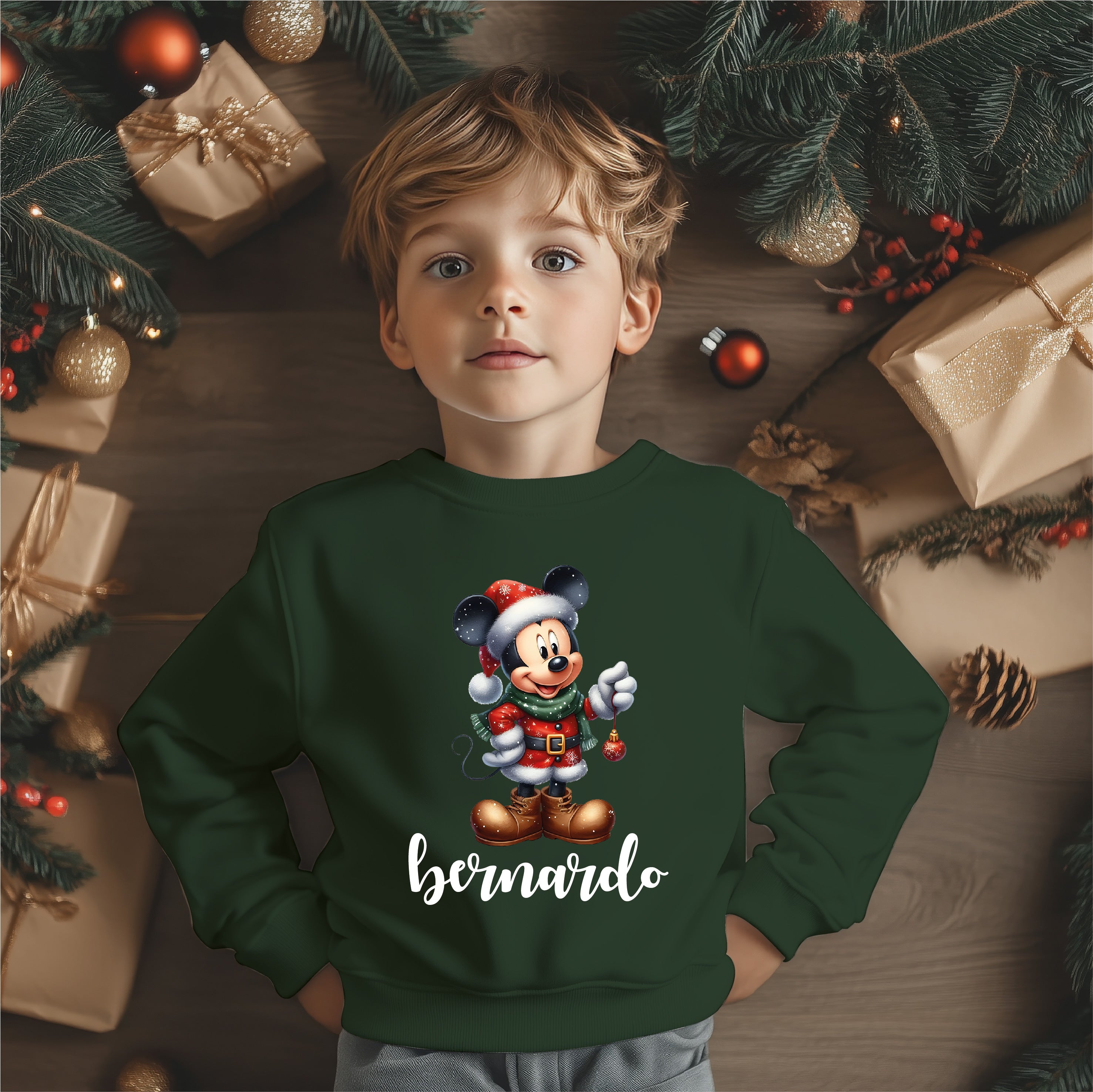 Camisola Natal Mickey verde personalizada - Personagens Disney - Adulto criança