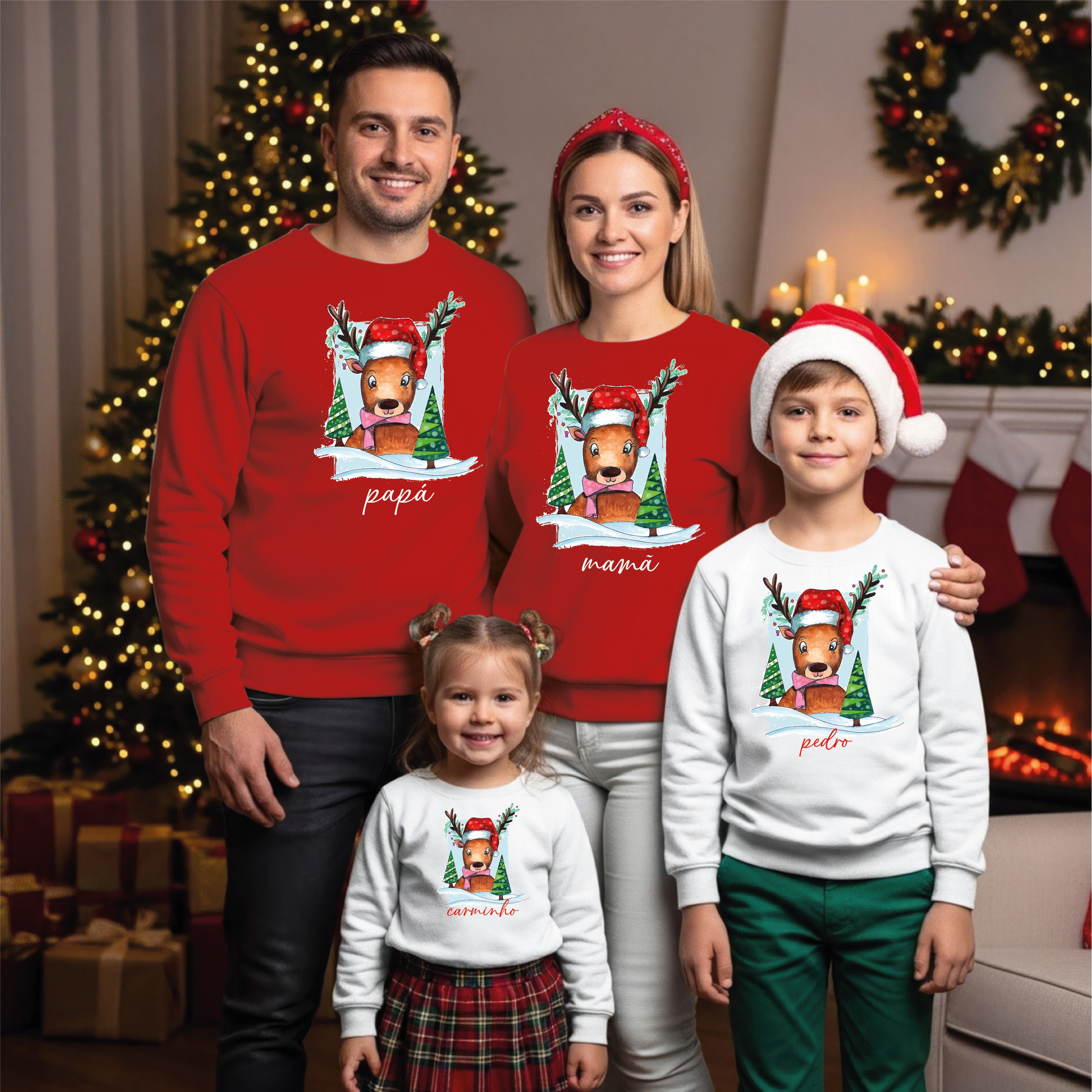 Família com camisolas Natal Rena personalizadas - Fotos coordenadas - Presentes Natal