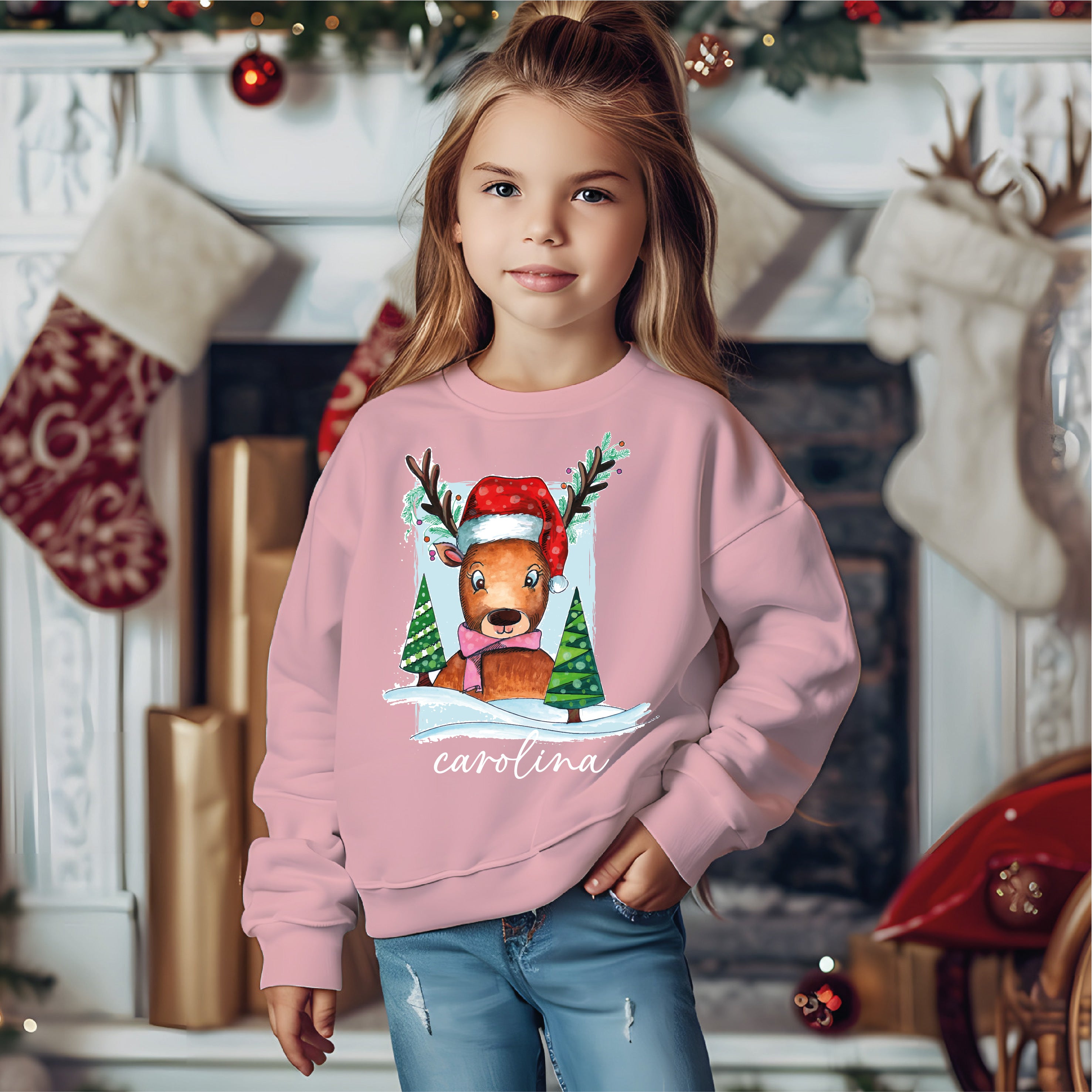 Camisola Natal Rena rosa personalizada - Presente original Natal - D-Arte
