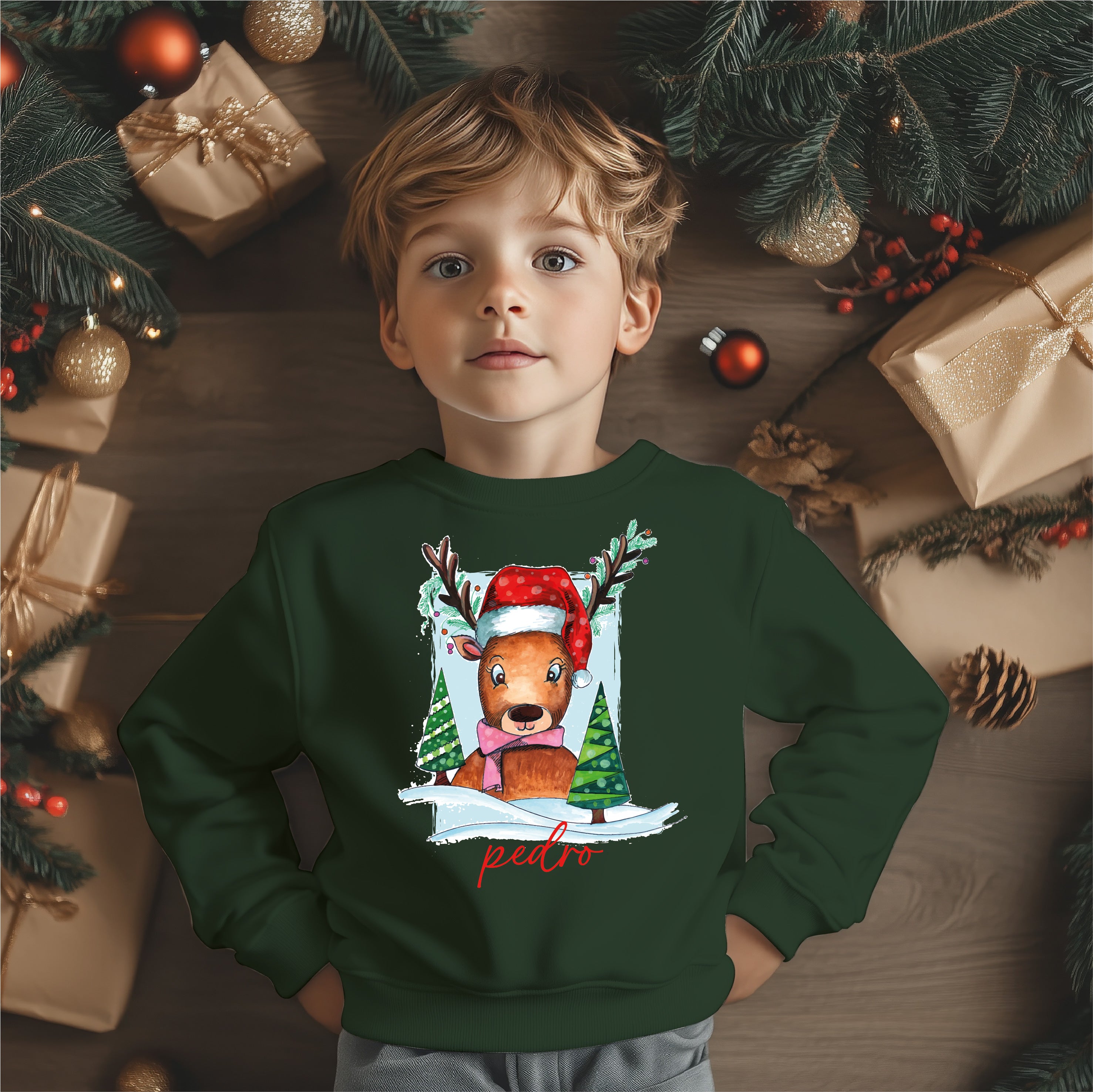 Camisola Natal Rena verde personalizada - 60% algodão - Tamanhos adulto e criança