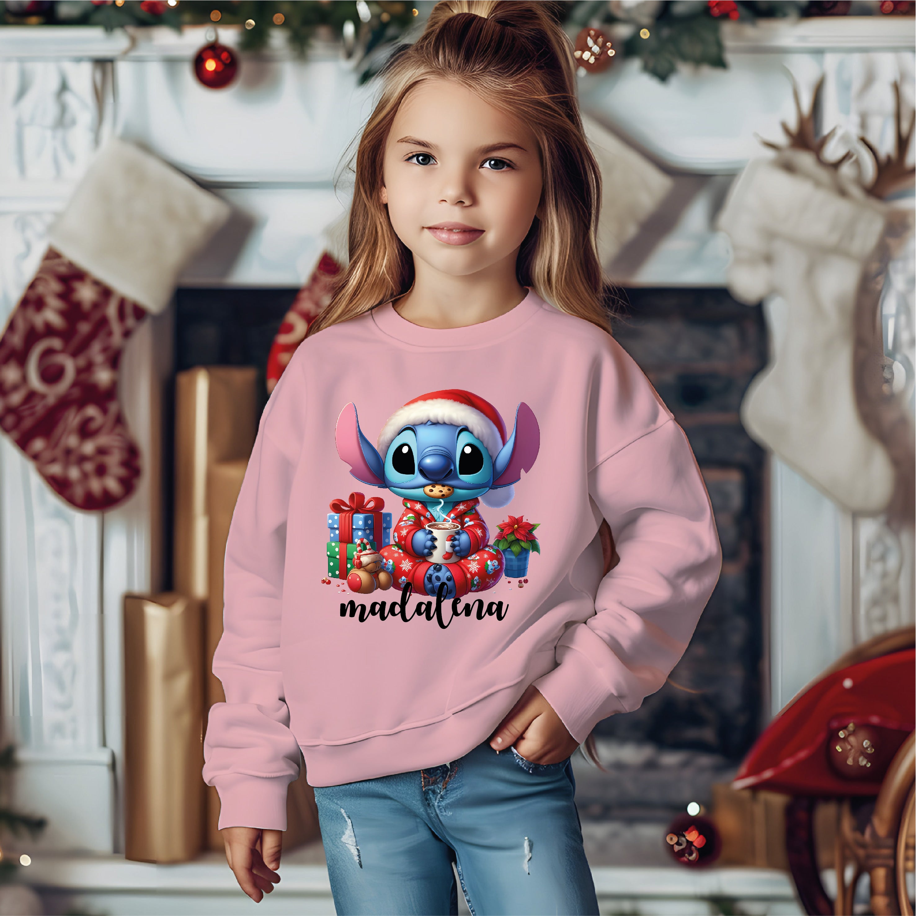 Camisola Natal Stitch rosa personalizada - Lilo Stitch Natal - Presente Disney