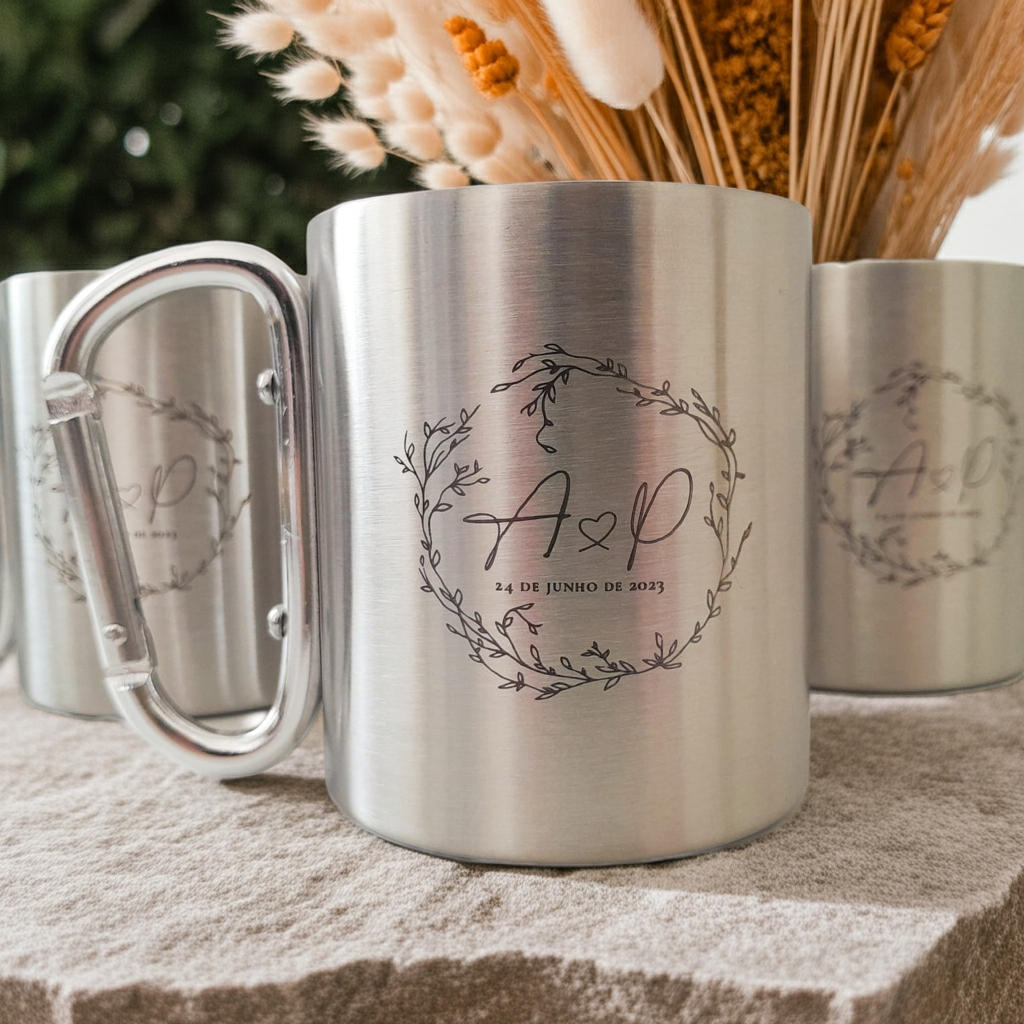 Caneca metal aço inox personalizada gravação laser permanente - D-Arte Portugal